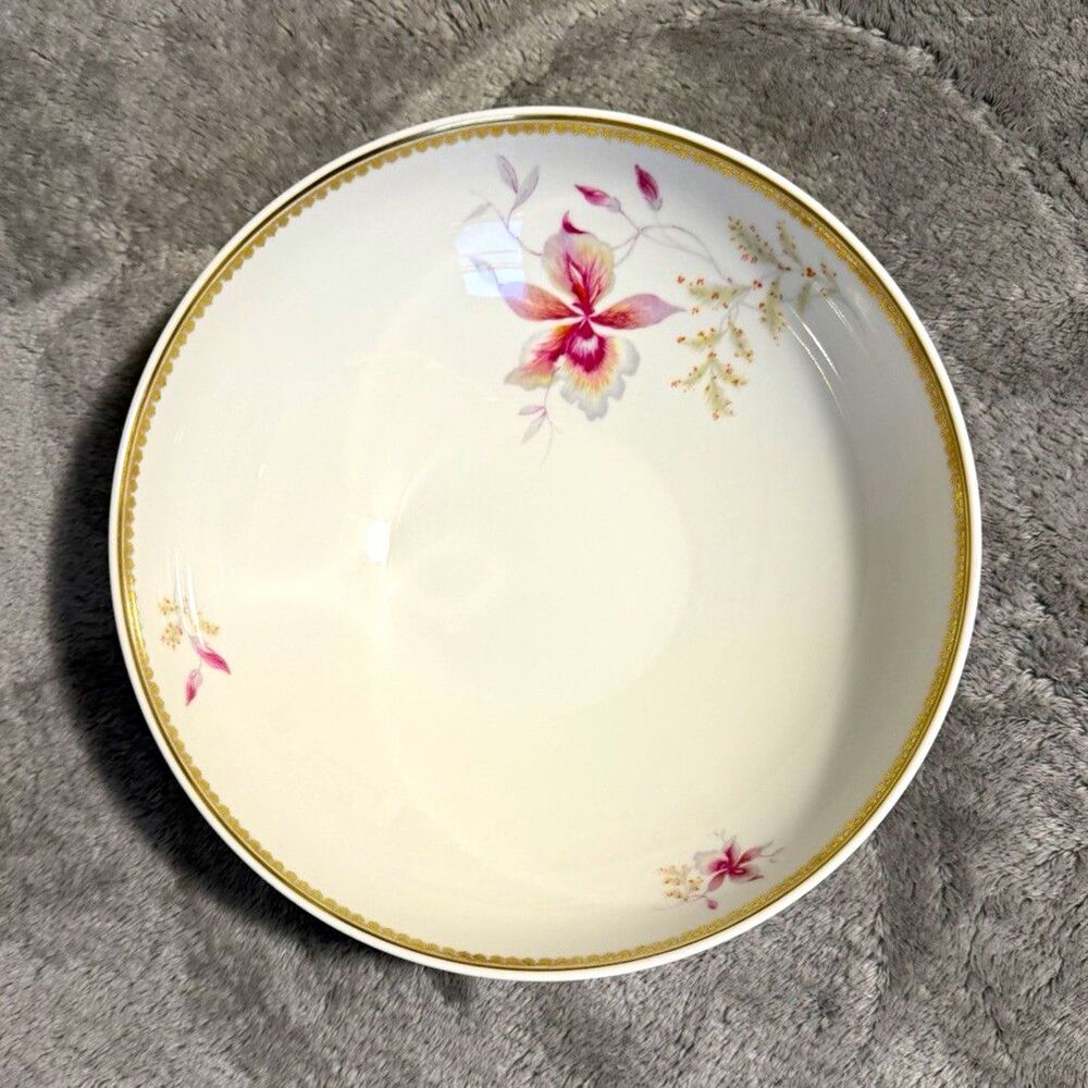 Vintage Bavaria Germany 10in Round Porcelain Bowl Floral White Pink Gold Rim